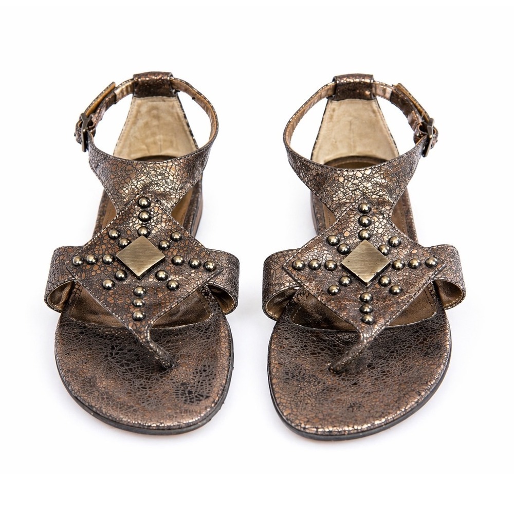 Franco Sarto Zoe Metallic Bronze Studded Leather Thong Sandals Ankle Strap 7.5M